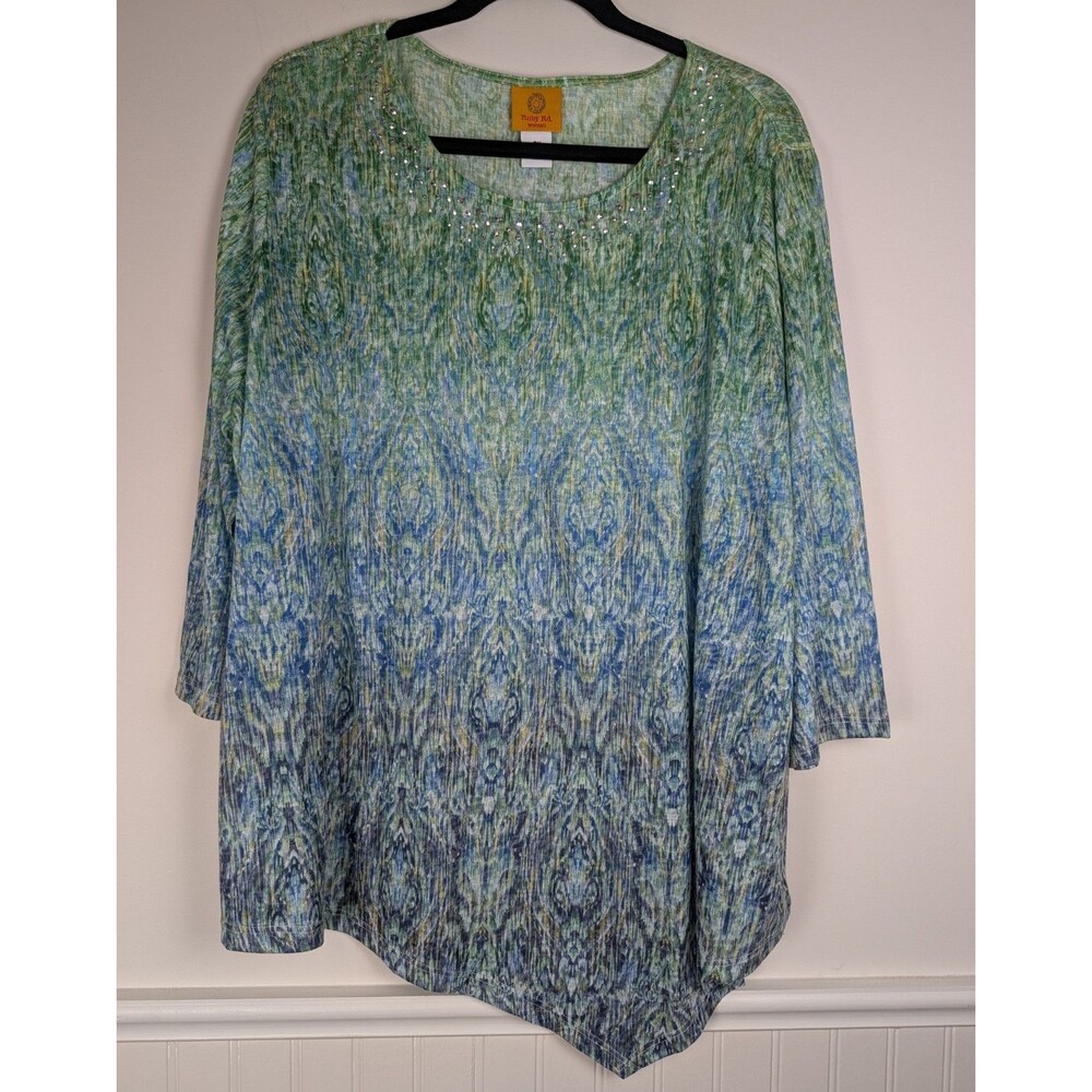 Ruby Rd. Women’s Top Size 3X Embellished V-Neck Blue Green Asymmetric Hem Boho